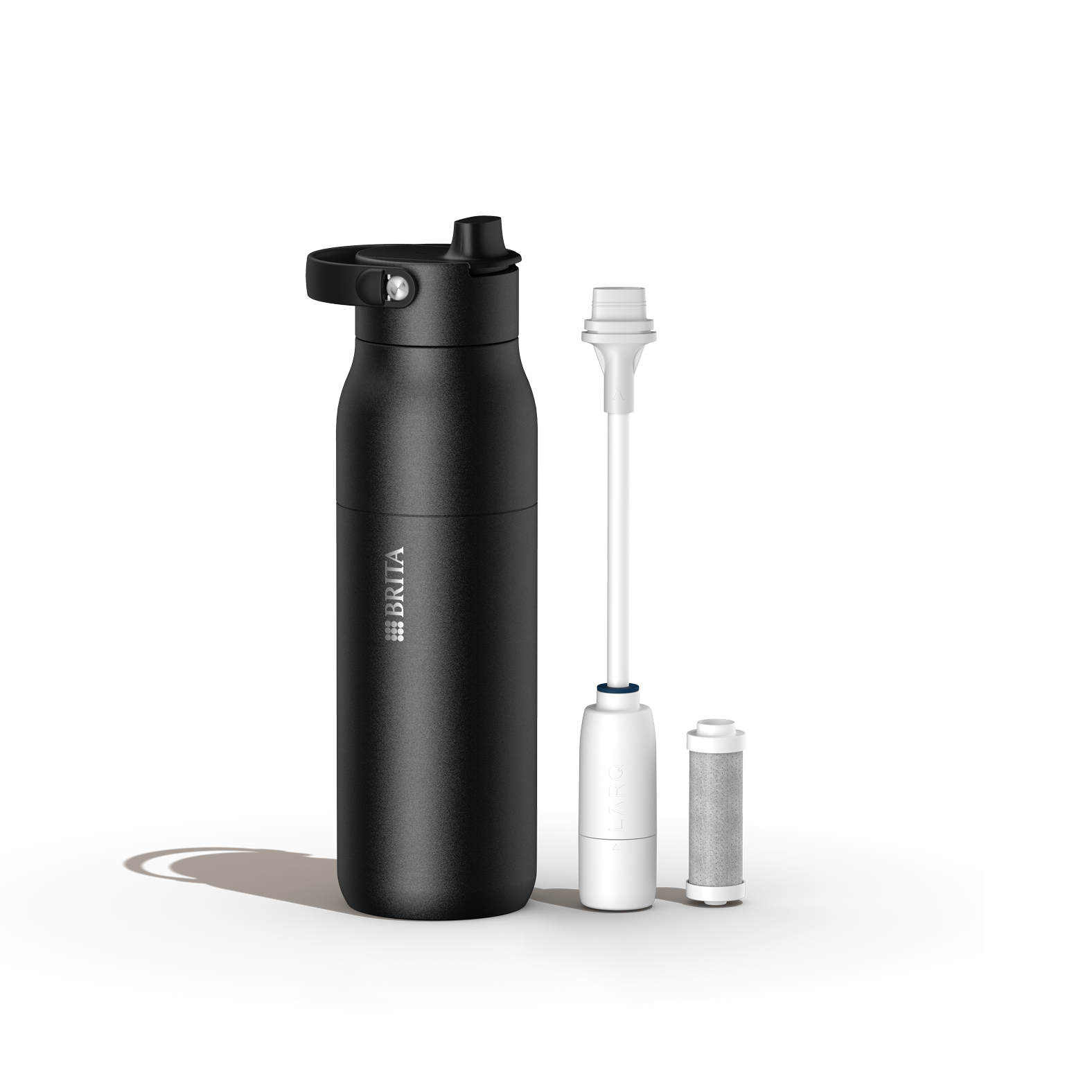 Black BRITA LARQ Filter Bottle in large size with filter components displayed separately.