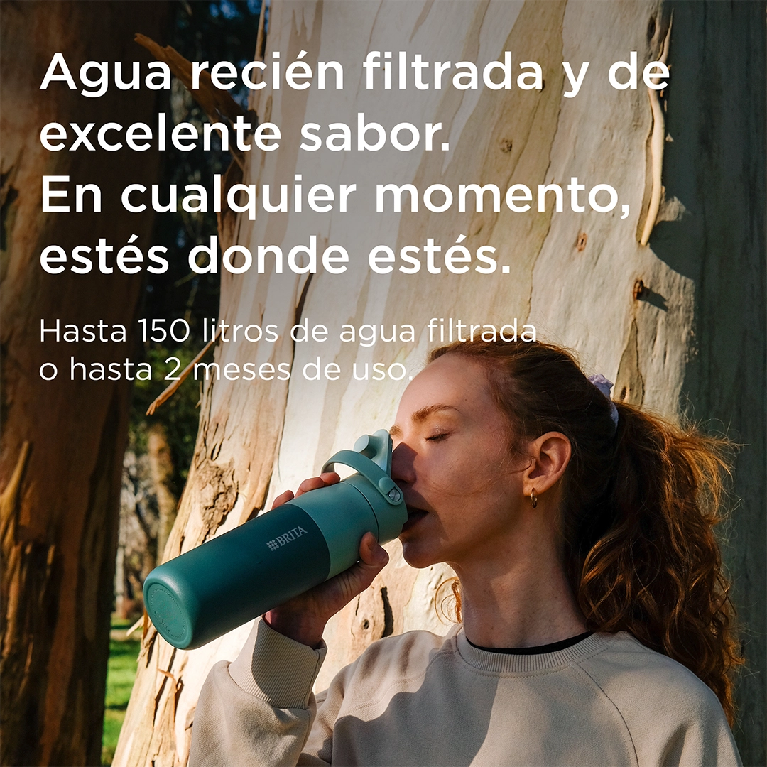 A woman drinking from a green BRITA LARQ water filter bottle, with a caption stating that it filters 150 L of water
