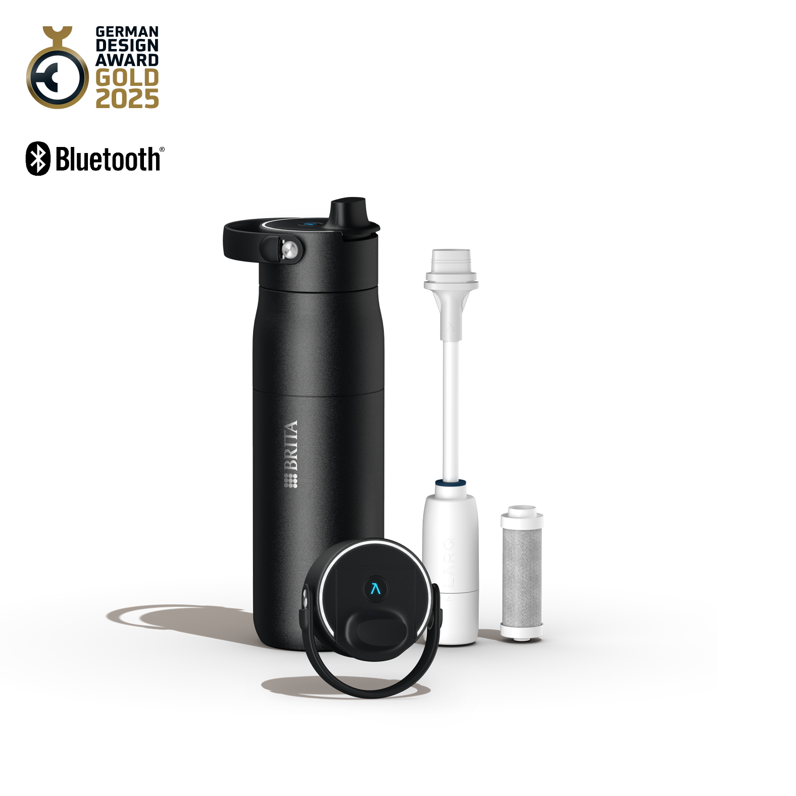 BRITA LARQ Bottle iQ in black with smart cap, filter components and award and Bluetooth icons