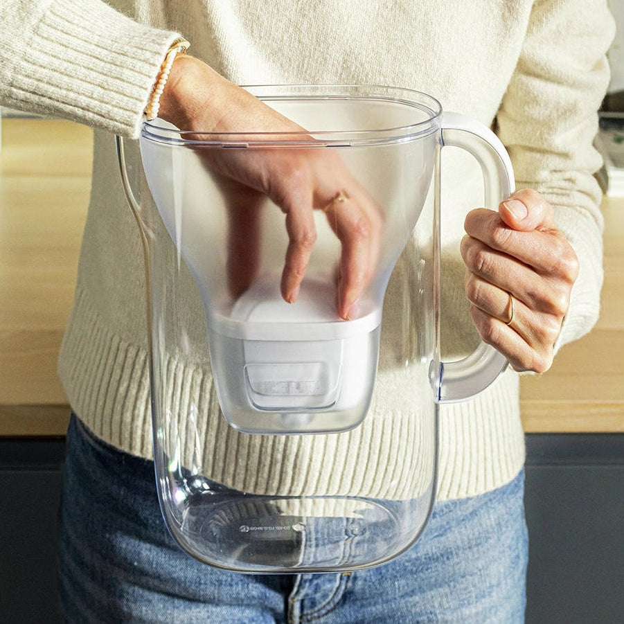 Una persona con un jersey blanco colocando un MAXTRA PRO filtro cartucho en un BRITA Style Essential agua filtro jarra.