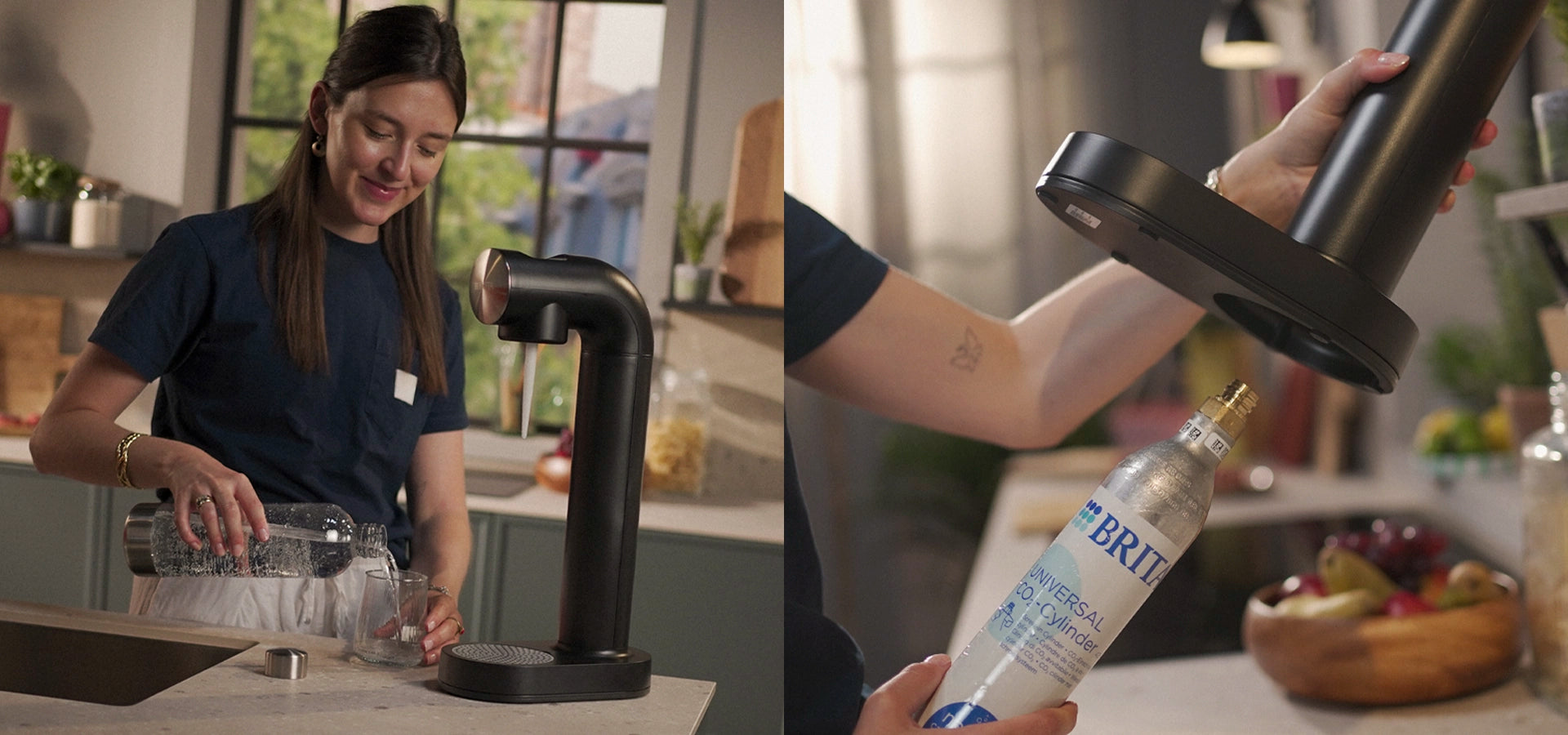 Two images: woman pouring sparkling water and inserting co2-cylinder into black BRITA sodaONE water sparkler