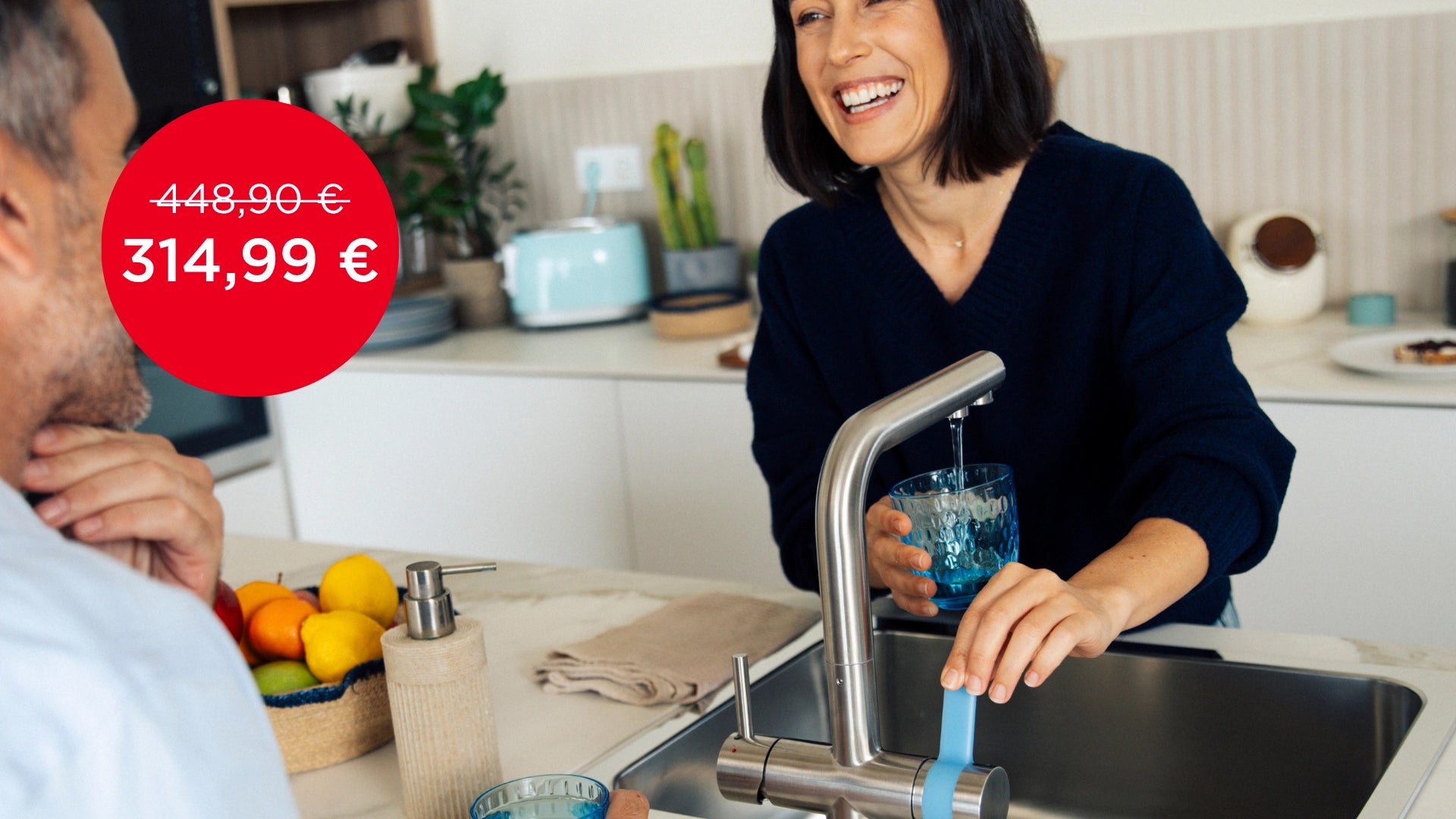 Woman pouring water from a BRITA 3-way tap into a blue glass in a kitchen, featuring a price tag overlay.